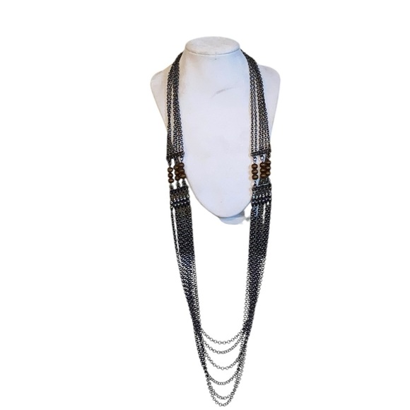 Boho style silver tone and wood bead long layered chain necklace - Picture 1 of 7